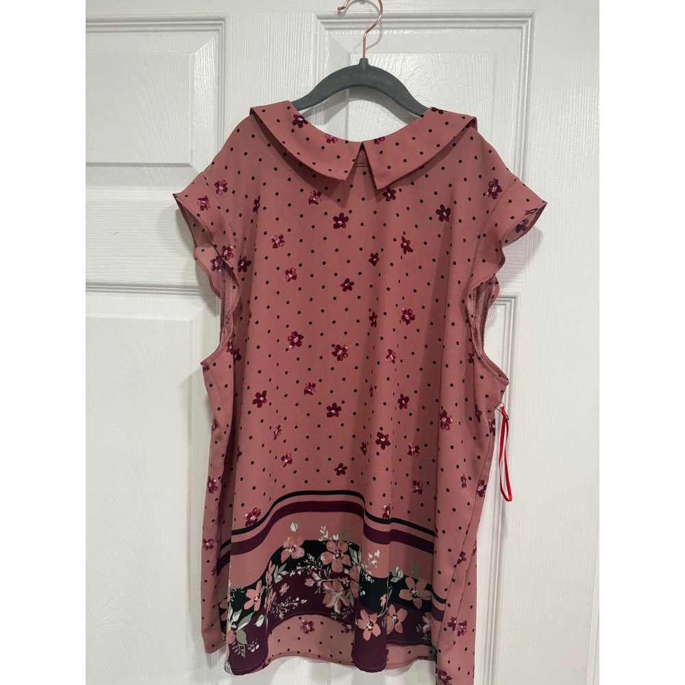 ELLE Women Pink Polka Dot Floral Peter Pan Collar Cap Sleeve Blouse Size M